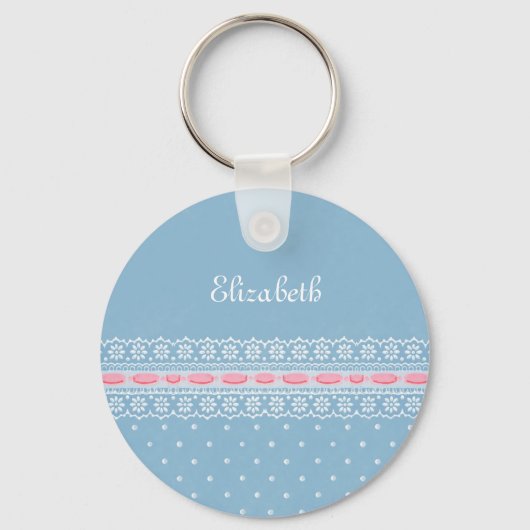Cute Blue Polka Dots Girly Pink Lace met naam Sleutelhanger (Voorkant)
