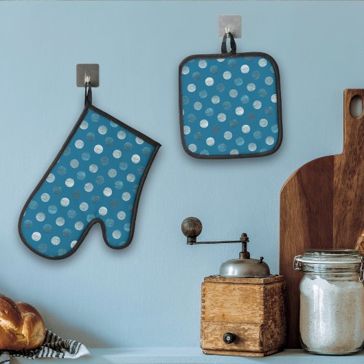 Cute Blue Polka Dots Modern & Elegant Kerstmis Ovenwant & Pannenlap Set