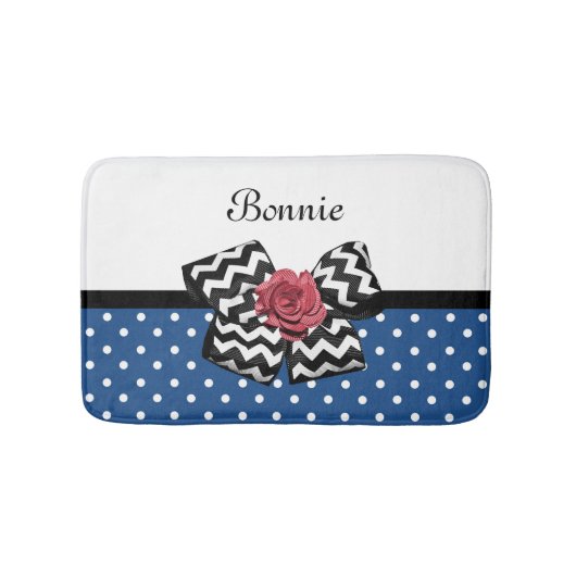Cute Blue Polka Dots Red Rose Chevron Bow and Name Badmat (Voorkant)