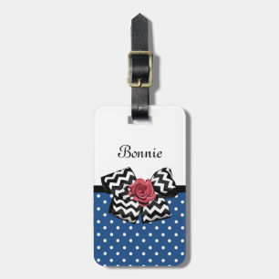 Cute Blue Polka Dots Red Rose Chevron Bow and Name Bagagelabel