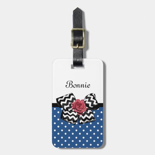 Cute Blue Polka Dots Red Rose Chevron Bow and Name Bagagelabel (Voorkant verticaal)
