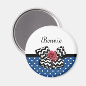 Cute Blue Polka Dots Red Rose Chevron Bow and Name Magneet (Voorkant / Achterkant)