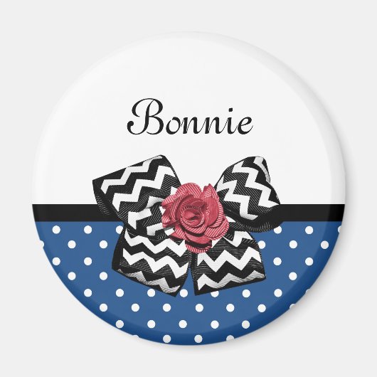 Cute Blue Polka Dots Red Rose Chevron Bow and Name Magneet (Voorkant)