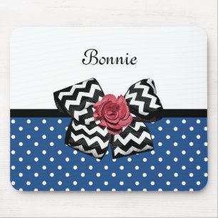 Cute Blue Polka Dots Red Rose Chevron Bow and Name Muismat