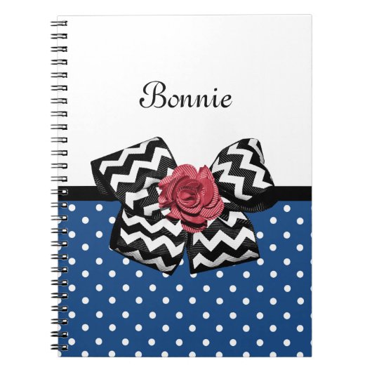 Cute Blue Polka Dots Red Rose Chevron Bow and Name Notitieboek (Voorkant)