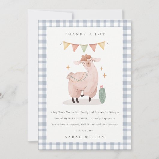 Cute Blue Pset Cactus Boho Llama Baby shower Bedankkaart (Voorkant)