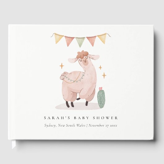 Cute Blue Pset Cactus Boho Llama Baby shower Gastenboek (Voorkant)
