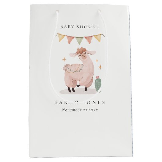 Cute Blue Pset Cactus Boho Llama Baby shower Medium Cadeauzakje (Voorkant)