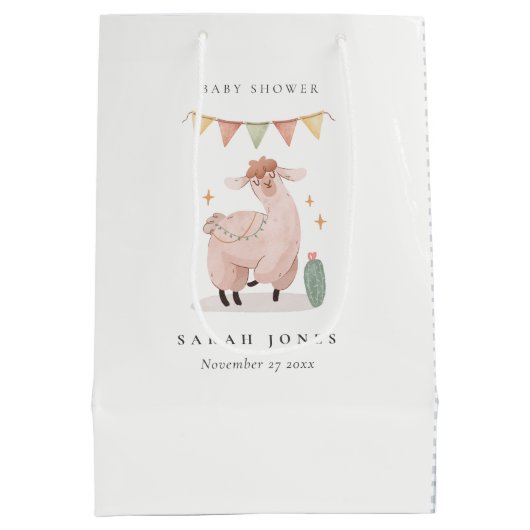 Cute Blue Pset Cactus Boho Llama Baby shower Medium Cadeauzakje (Achterkant)