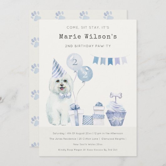 Cute Blue Puppy Dog Elke zondag nodigt de partij u Bedankkaart (Voorkant / Achterkant)