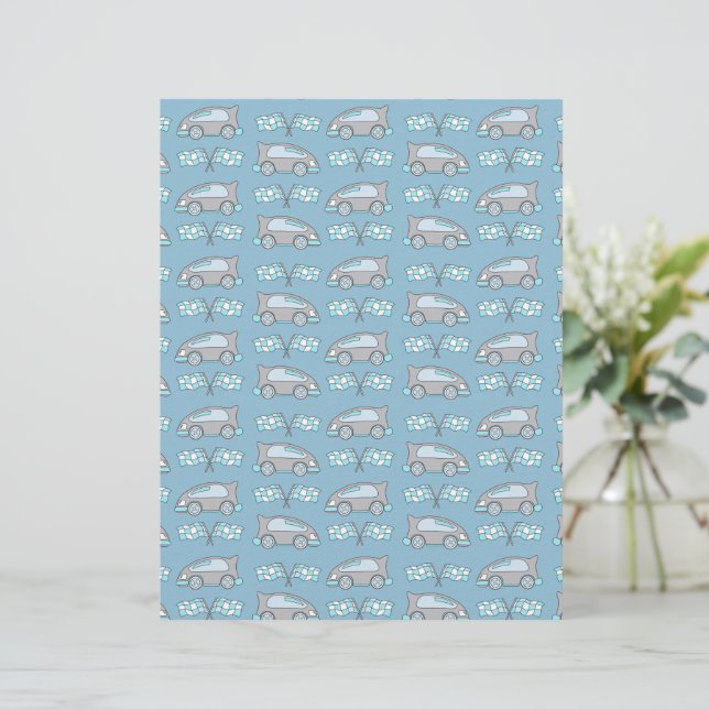 Cute Blue Race Car en Flag Kinder Scrapbook Paper (Staand voorkant)