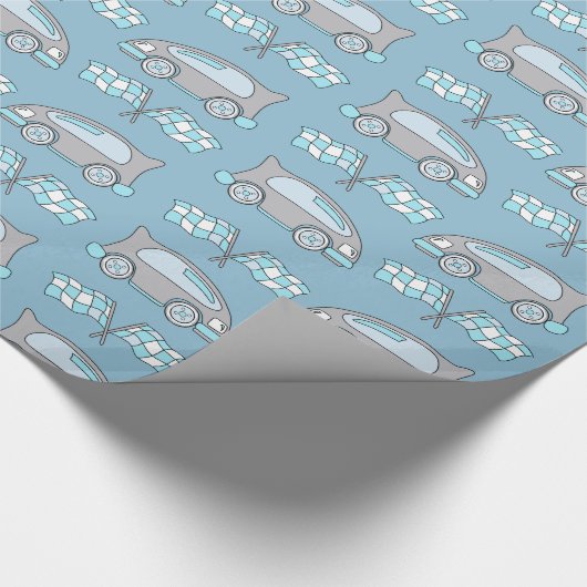 Cute Blue Racing Car and Flag Pattern Boy Cadeaupapier (Hoek)