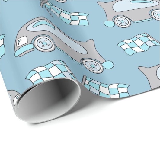 Cute Blue Racing Car and Flag Pattern Boy Cadeaupapier (Rol Hoek)