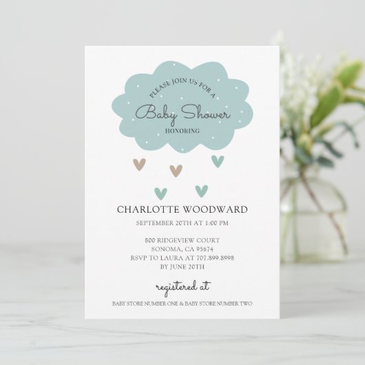 Cute Blue Rain Cloud Baby shower Invitation Kaart (Staand voorkant)