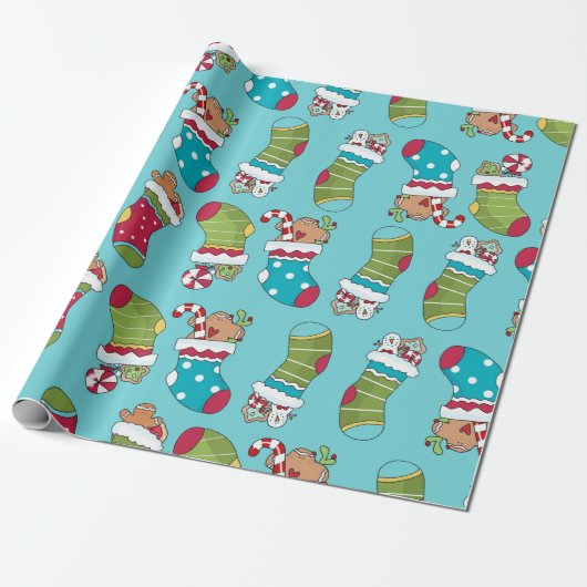 Cute Blue Red Green Kerstmis-stoppatroon Cadeaupapier (Uitgerold)