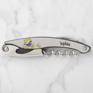 Cute Blue Red Singing Bird Branch Yellow Flowers Kurkentrekker