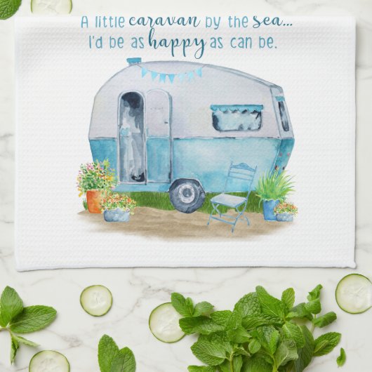 Cute Blue  Retro Camper Caravan Theedoek (Gevouwen)