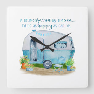 Cute Blue  Retro Camper Caravan Vierkante Klok