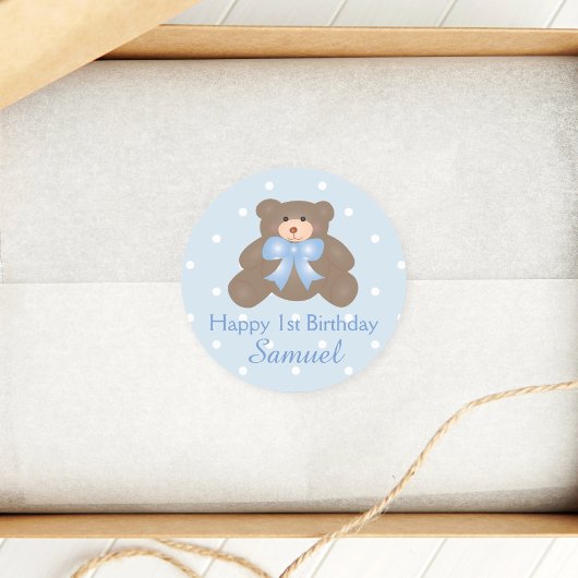 Cute Blue Ribbon Baby Teddy Bear First Birthday Ronde Sticker