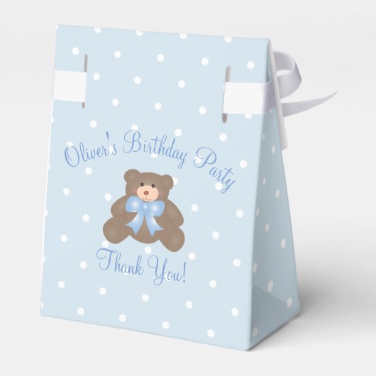 Cute Blue Ribbon Teddy Bear Boy Birthday Party Bedankdoosjes (Achterkant)