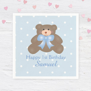 Cute Blue Ribbon Teddy Bear Boy Birthday Party Servet