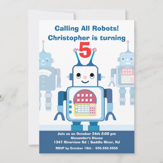 Cute Blue Robot Birthday Party Invitation Kaart (Voorkant)