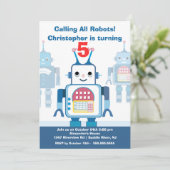 Cute Blue Robot Birthday Party Invitation Kaart (Staand voorkant)