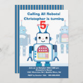 Cute Blue Robot Birthday Party Invitation Kaart (Voorkant / Achterkant)