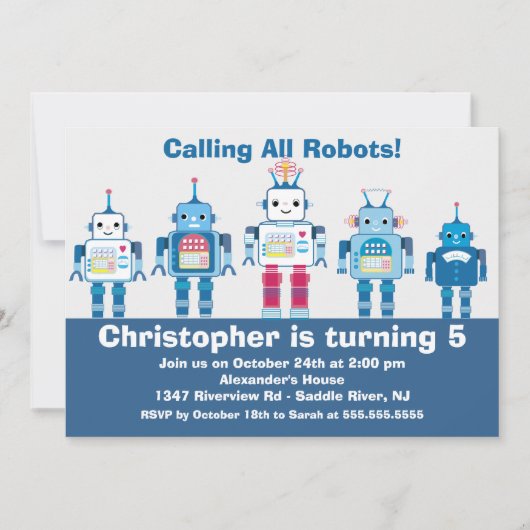 Cute Blue Robot Birthday Party Invitation Kaart (Voorkant)