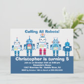 Cute Blue Robot Birthday Party Invitation Kaart (Staand voorkant)
