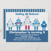 Cute Blue Robot Birthday Party Invitation Kaart (Voorkant / Achterkant)