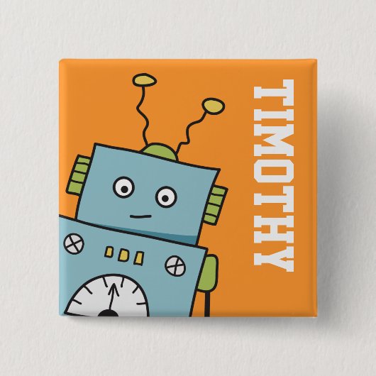 Cute Blue Robot met persoonlijke naam Vierkante Button 5,1 Cm (Voorkant)