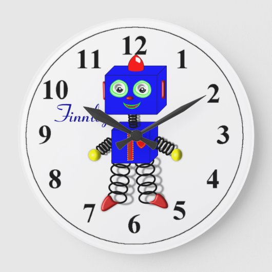 Cute Blue Robot Personated Boys Room Clock Grote Klok (Voorkant)