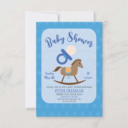 Cute Blue Rocking Horse Pacifier Boy Baby shower Kaart (Voorkant)