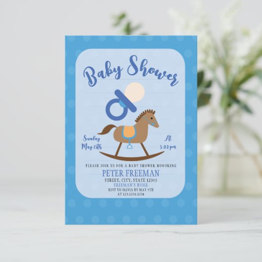 Cute Blue Rocking Horse Pacifier Boy Baby shower Kaart (Staand voorkant)