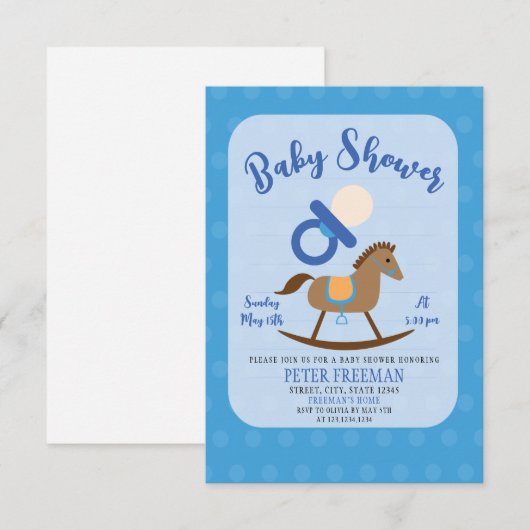 Cute Blue Rocking Horse Pacifier Boy Baby shower Kaart (Voorkant / Achterkant)