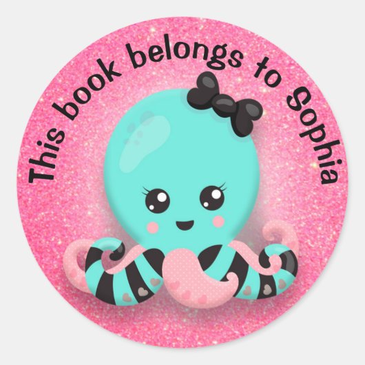 Cute Blue Roze Black Striped Octopus Glittery Pink Ronde Sticker (Voorkant)