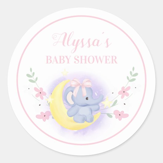 Cute Blue Roze Elephant Moon Baby Girl Shower Ronde Sticker (Voorkant)
