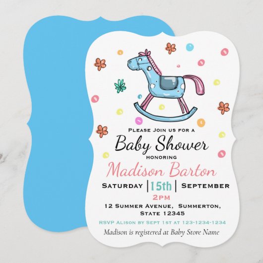 Cute Blue & Roze Rocking Horse Baby shower Kaart (Voorkant / Achterkant)