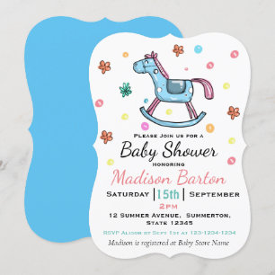 Cute Blue & Roze Rocking Horse Baby shower Kaart