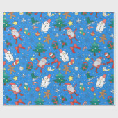 Cute Blue Santa and Friends Wrapping Paper Cadeaupapier (Vlak)