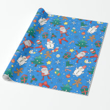 Cute Blue Santa and Friends Wrapping Paper