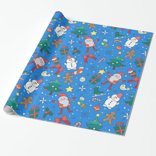Cute Blue Santa and Friends Wrapping Paper Cadeaupapier (Uitgerold)