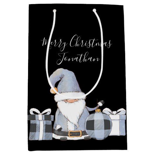 Cute Blue Santa Gnome met Gifts Medium Cadeauzakje (Voorkant)