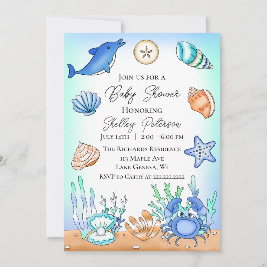Cute Blue Seaside Beachy Baby shower Invitation Kaart (Voorkant)