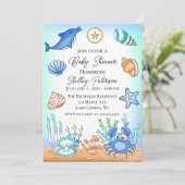 Cute Blue Seaside Beachy Baby shower Invitation Kaart (Staand voorkant)