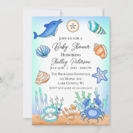 Cute Blue Seaside Beachy Baby shower Invitation Kaart