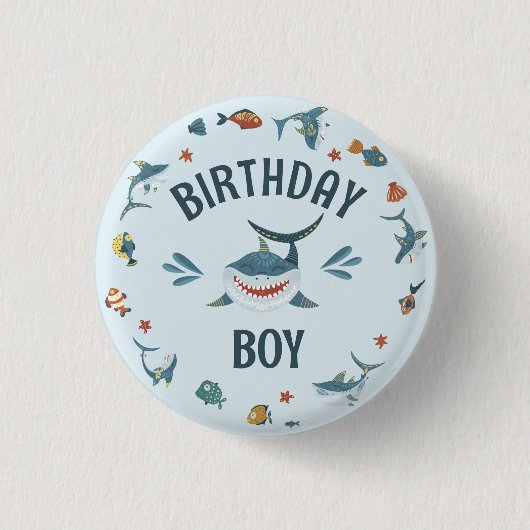 Cute Blue Shark Thmed Birthday Boy Button (Voorkant)