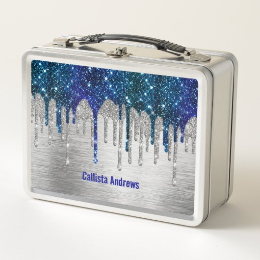 Cute Blue silver faux glitter Drips monogram (Voorkant)