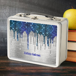 Cute Blue silver faux glitter Drips monogram